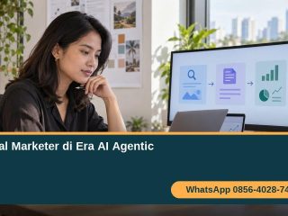 Digital marketer mengawasi AI agent untuk merencanakan dan mengevaluasi kampanye pemasaran digital