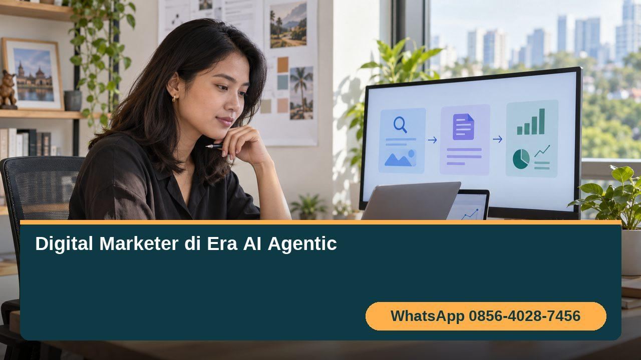 Digital marketer mengawasi AI agent untuk merencanakan dan mengevaluasi kampanye pemasaran digital