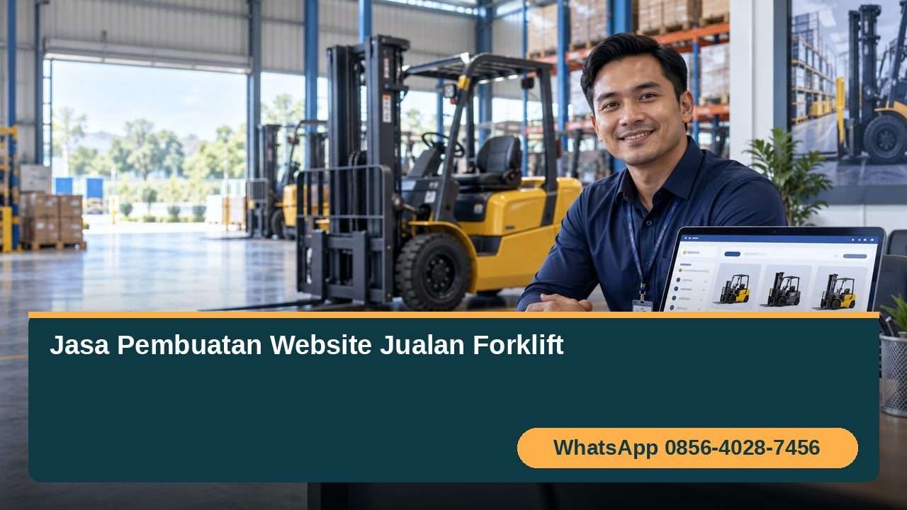Konsultan menampilkan website katalog jualan forklift di depan forklift pada gudang