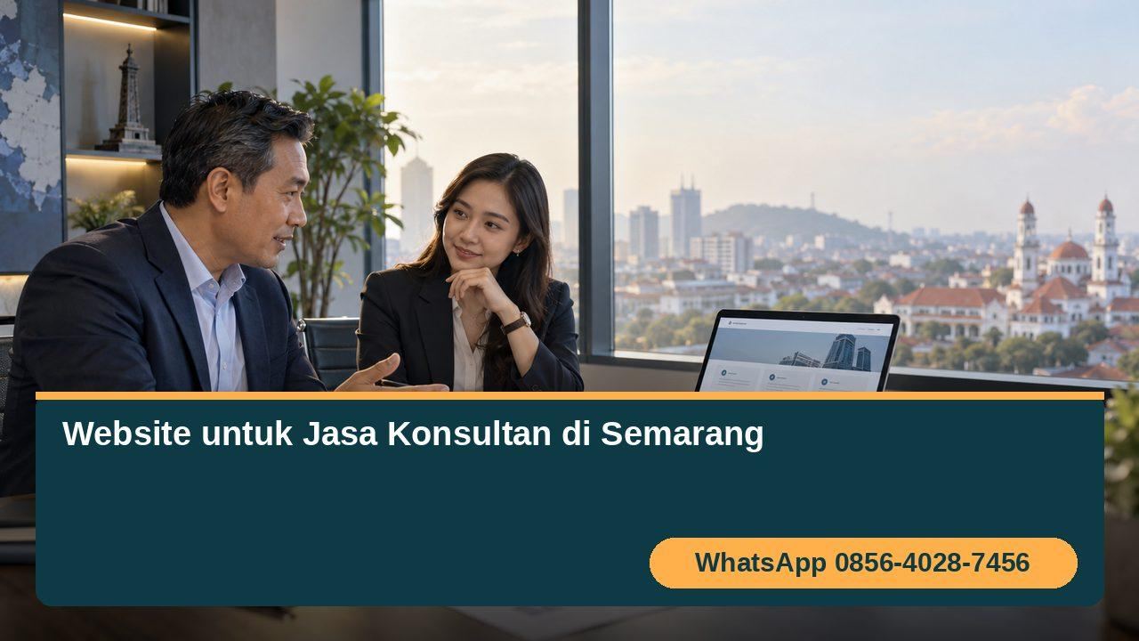 Konsultan dan klien membahas website firma konsultan di Semarang pada laptop